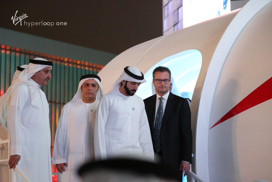 HH Sheikh Hamdan Bin Mohammed Bin Rashid Al Maktoum, HE Mattar Al Tayer, and Rob Lloyd, CEO of Virgin Hyperloop One visit the Dubai hyperloop pod. Photo Credit: Virgin Hyperloop One