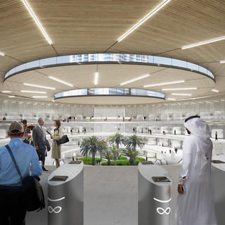 Our vision for what the inside of a Hyperloop station in Dubai would look like.